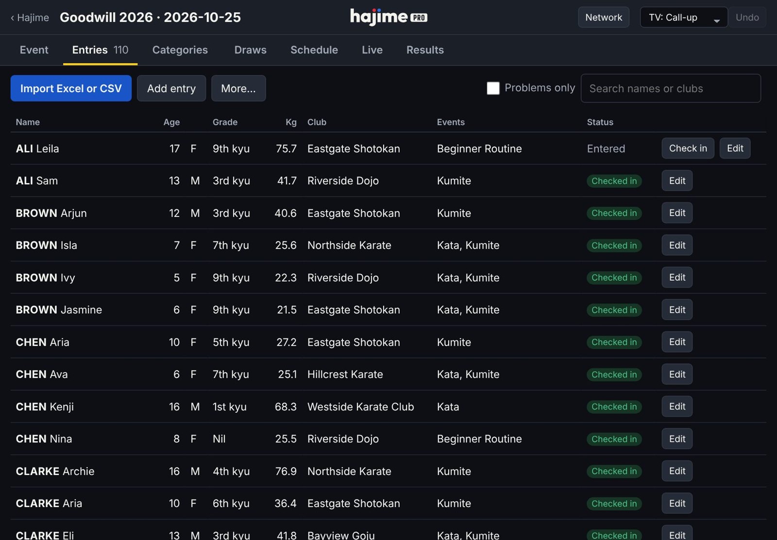 Entries list in Hajime Pro