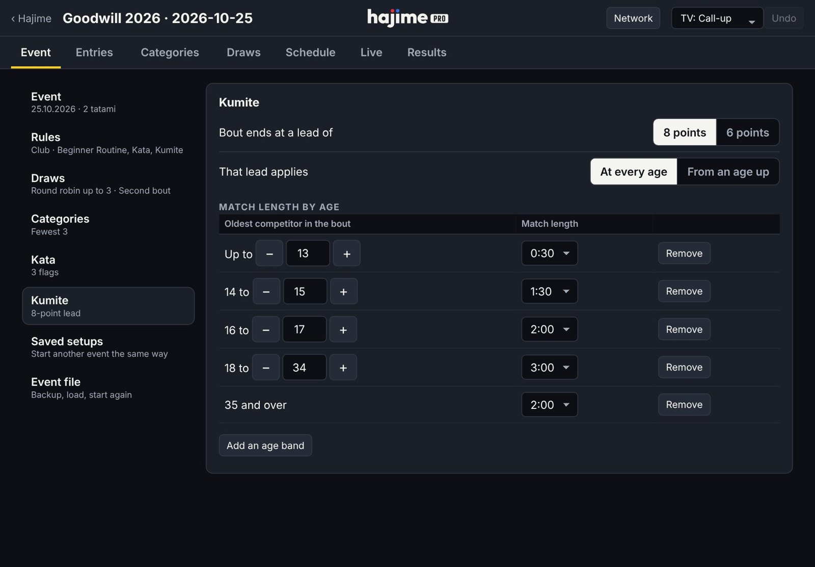Kumite settings with match length by age