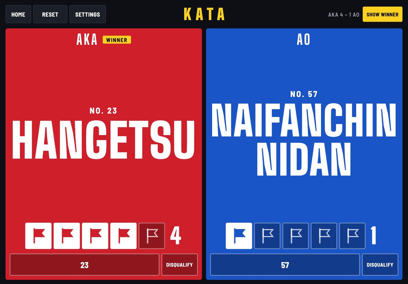 Hajime kata board: Hangetsu against Naifanchin Nidan with judges' flags